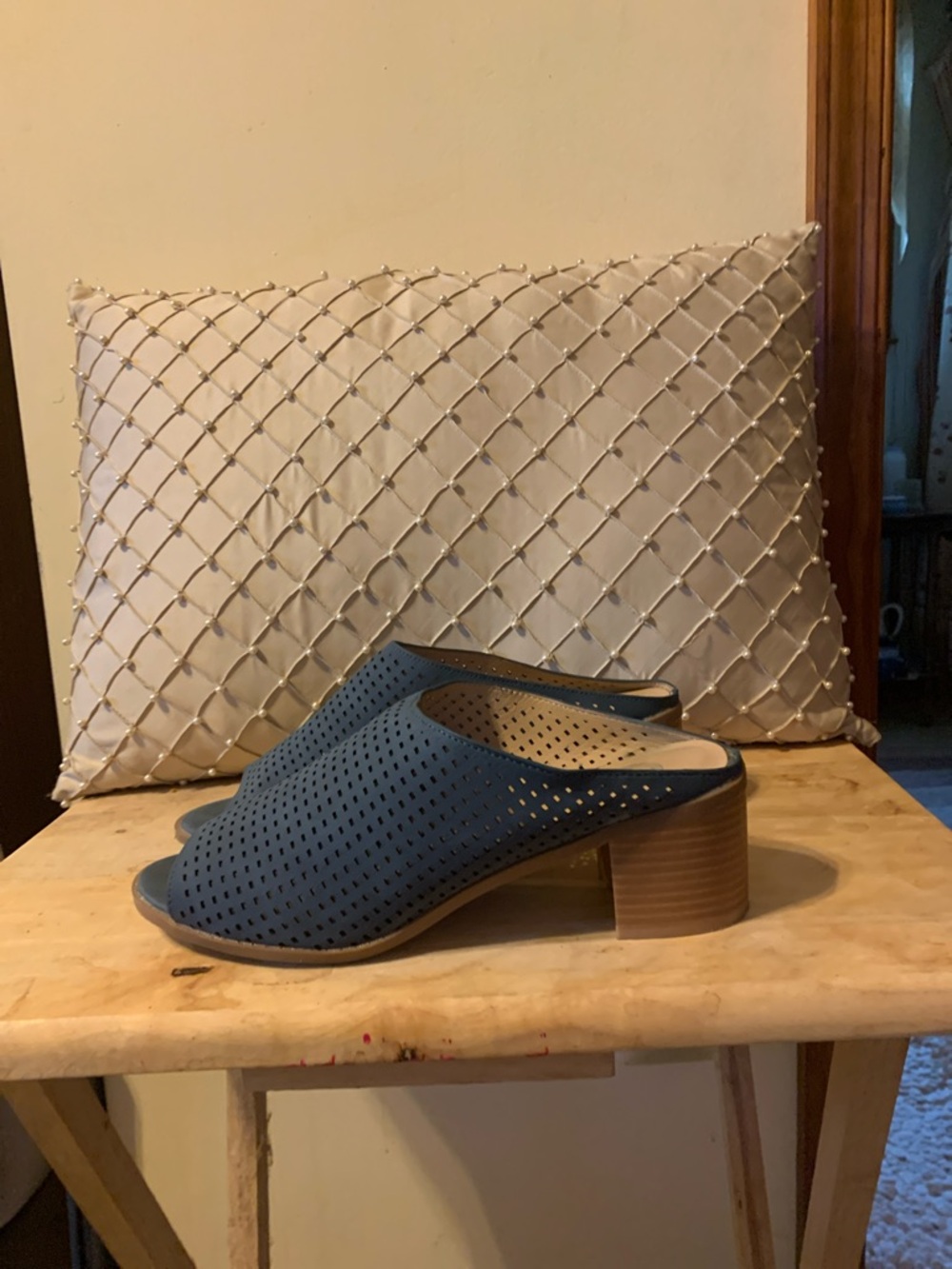Journee Collection Navy Perforated Open-Toe Block Heel Mule